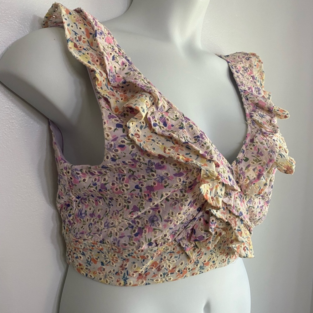 Altar’d State Lavender Ditsy Floral Eyelet Ruffle V Neckline Crop Top SKU0156 - Picture 3 of 7